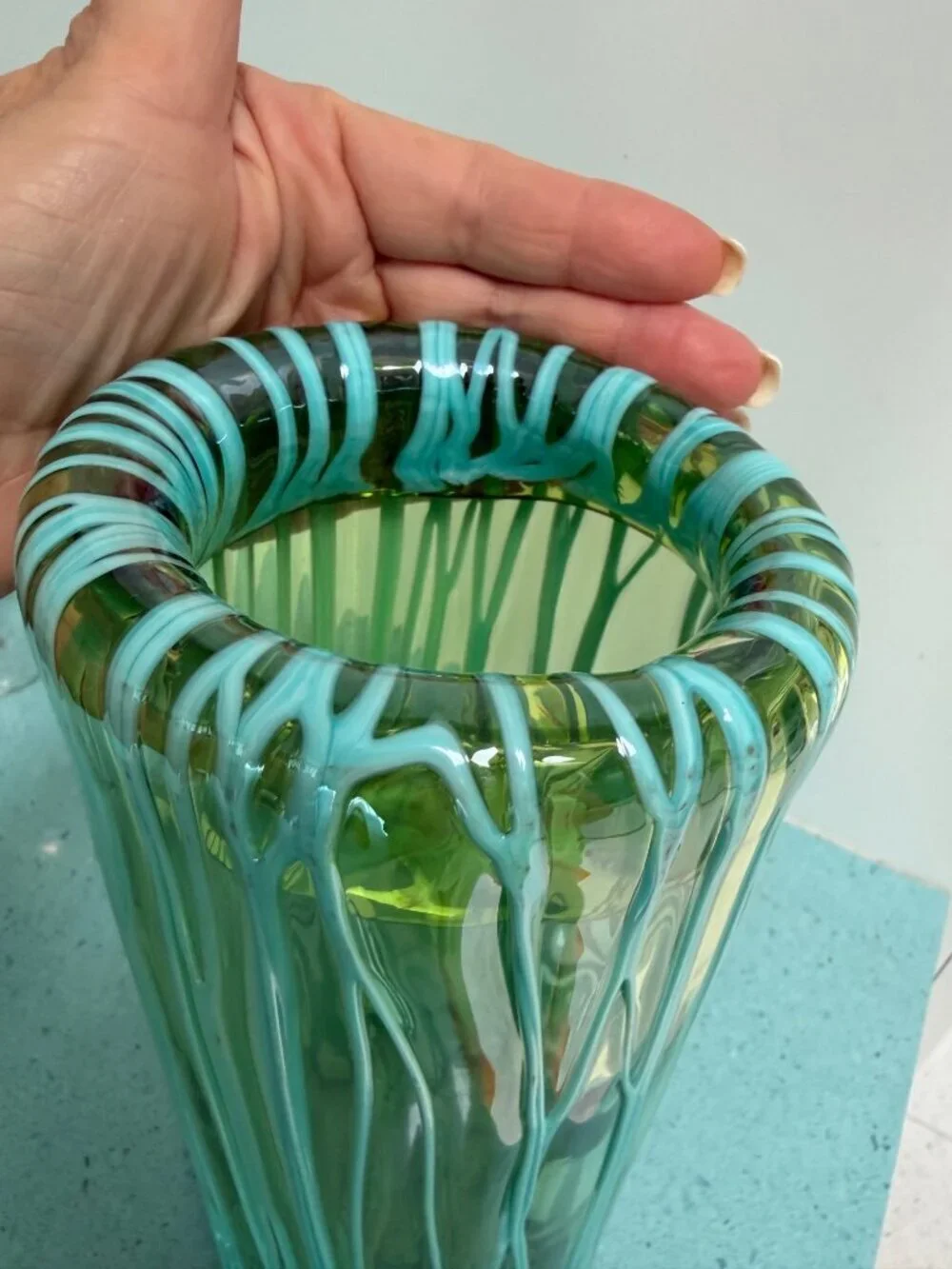 Murano Handblown Translucent Vase With Melted Threads Green Aqua Vintage
